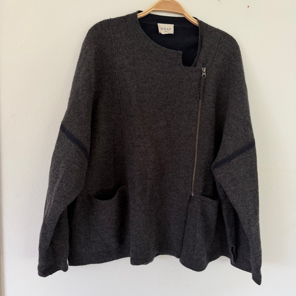 Wrap London Charcoal Gray Boiled Wool Asymmetrical Zip Cardigan Jacket Pockets